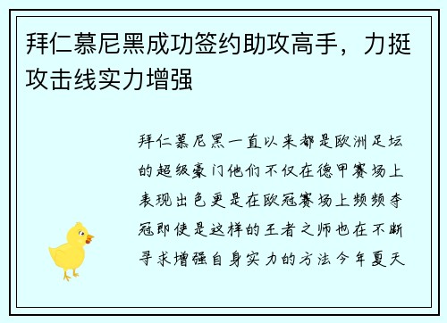 拜仁慕尼黑成功签约助攻高手，力挺攻击线实力增强